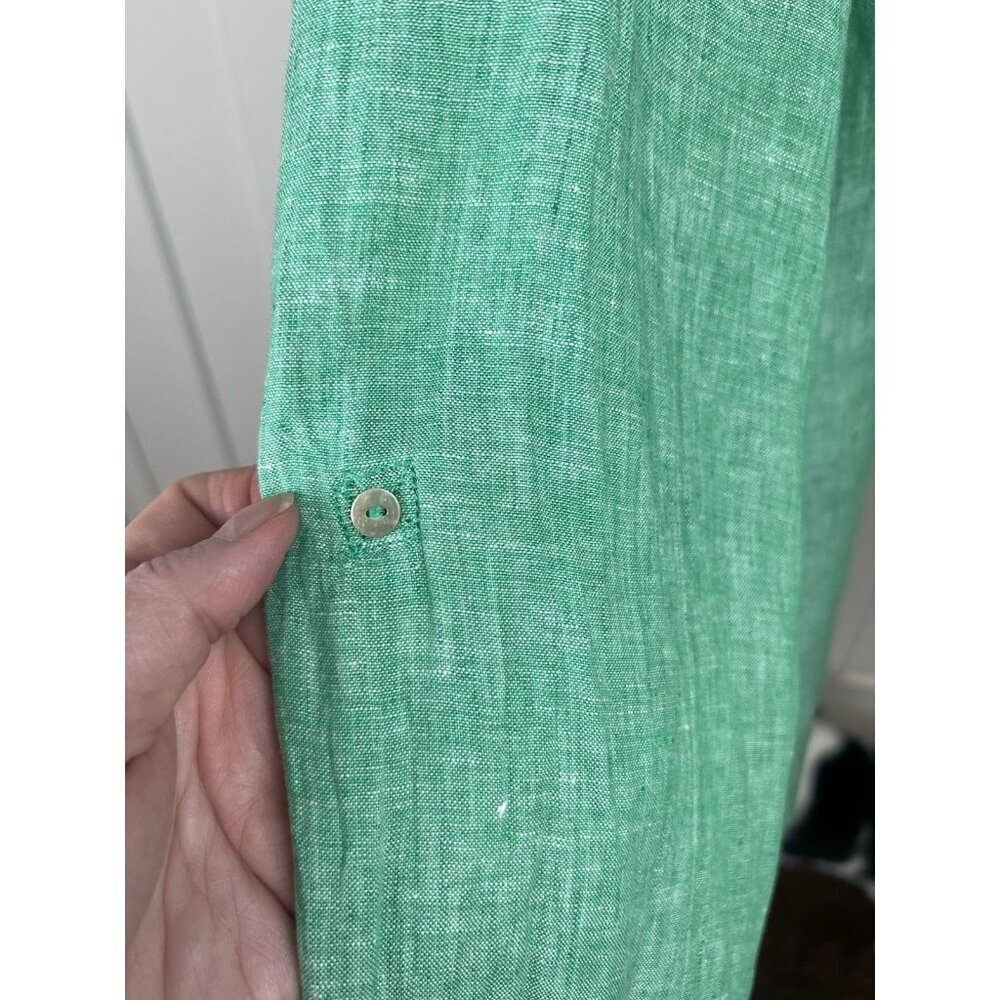 Tahari 100% Linen Tunic Top 1X Green Button Front Roll Tab Sleeve EUC - Picture 5 of 9